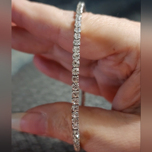 Silvertone Rhinestone Bangle Bracelet - Picture 3 of 8